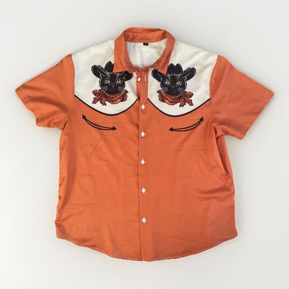 Western Cowcat Print Ranch Shirt Men Sz S Short Sleeve Button Up Cowboy Cowgirl - Picture 1 of 9